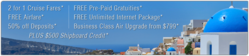 Oceania cruises Sale, 2 for 1 cruise fare, Free Airfare and $799 per person business class upgrade, reduced deposit, free prepaid gratuities for all categories, unlimited internet onboard, and up to $1500 Onboard Credit